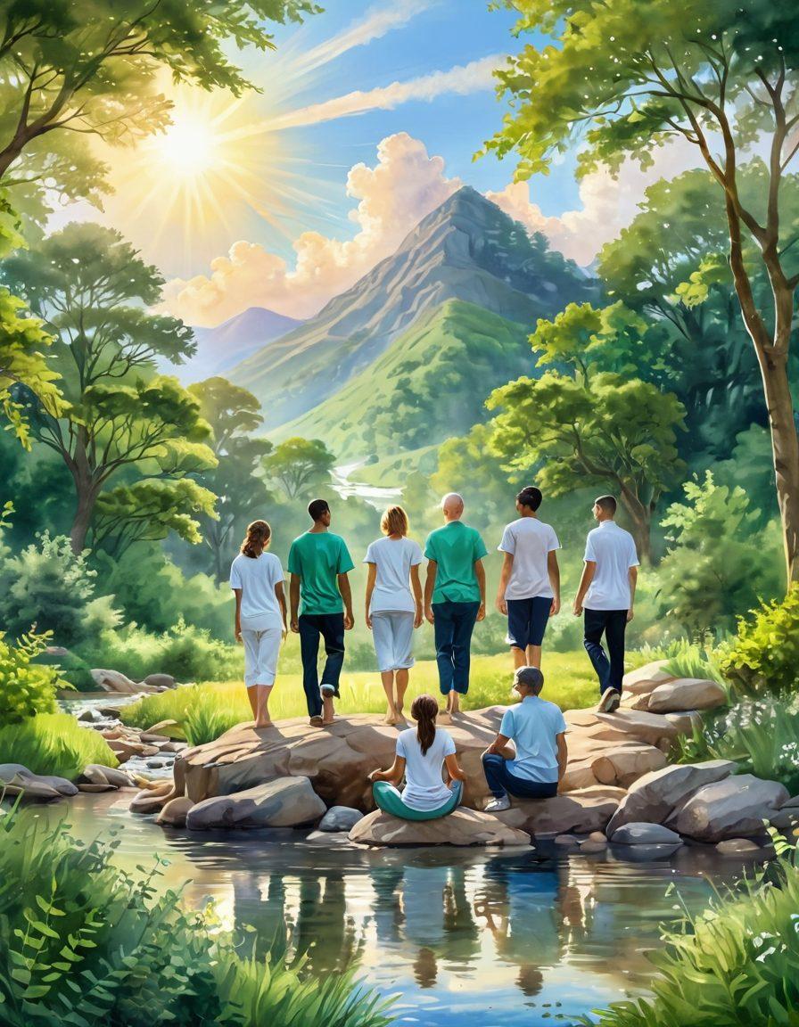 A serene and uplifting scene depicting a diverse group of individuals supporting each other on a cancer care journey, with a lush green landscape in the background symbolizing hope and wellness. Vivid rays of sunlight breaking through clouds represent empowerment, and a gentle stream flows alongside them, signifying mindful choices. Include a mix of medical symbols and nature elements subtly integrated into the environment, creating a harmonious balance. watercolor style. vibrant colors. soft focus.