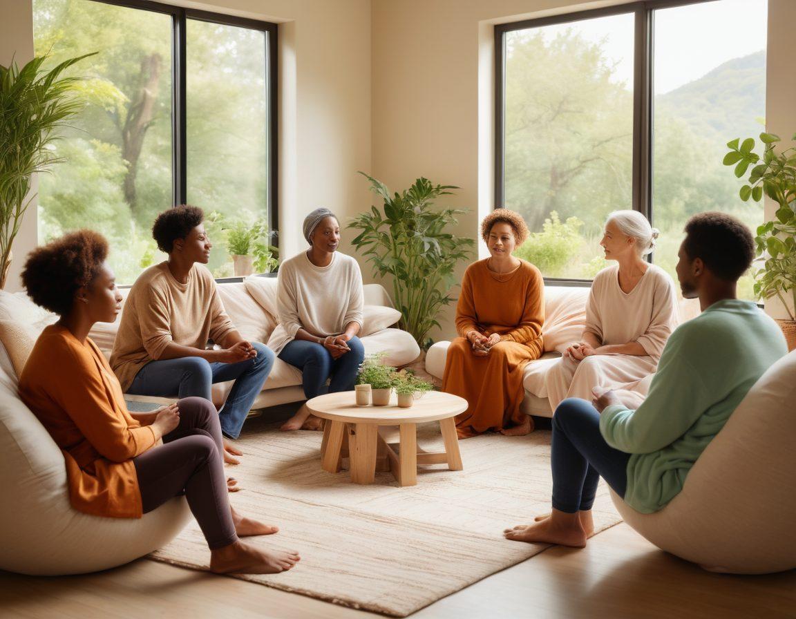 A serene and uplifting scene depicting a diverse group of people engaging in a cancer support group, surrounded by soft natural light. Include elements of wellness such as plants, supportive gestures, and comforting materials like blankets. The background should feature a peaceful outdoor setting symbolizing hope and healing. Illustrate a sense of community and empowerment, with emphasis on warm colors and positive expressions. super-realistic. soothing color palette. peaceful background.